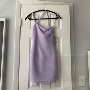 RUMER asymmetrical sleeve body con dress in Lilac
